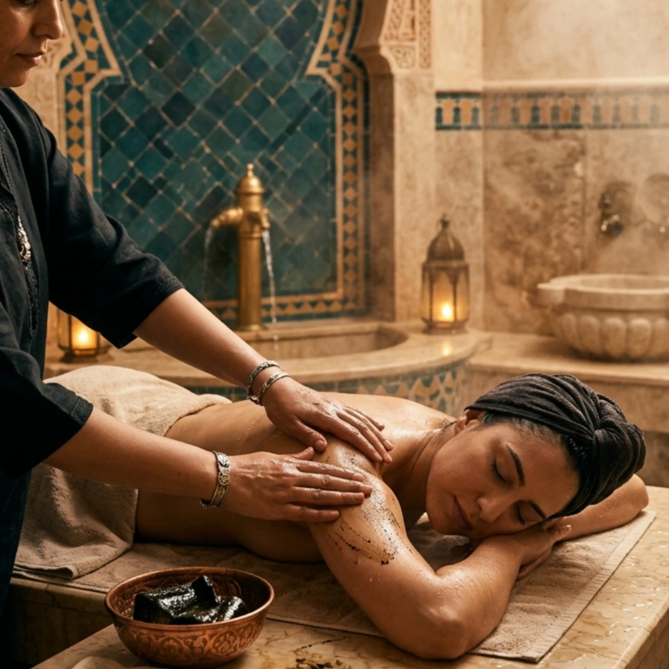 Gommage au gant kessa : mains expertes exfoliant doucement la peau illuminée sous la vapeur chaude du hammam